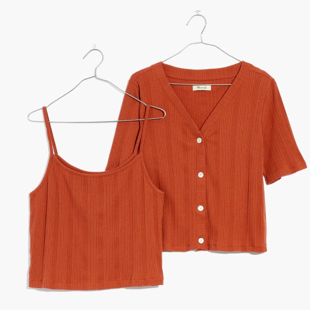 Madewell Pointelle Cardigan Twin Set Afterglow Red - Size Large